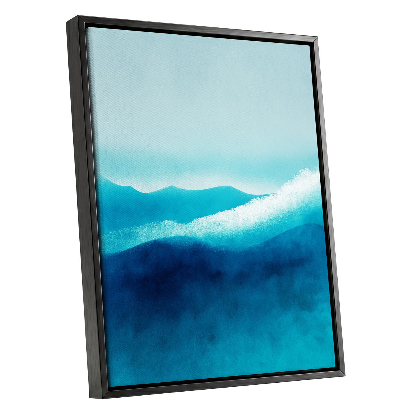 Tidal Quiet, blue, green, white nature wall art shown as a black framed canvas wall art
