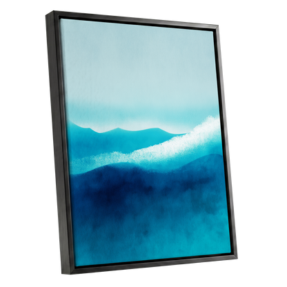 Tidal Quiet, blue, green, white nature wall art shown as a black framed canvas wall art