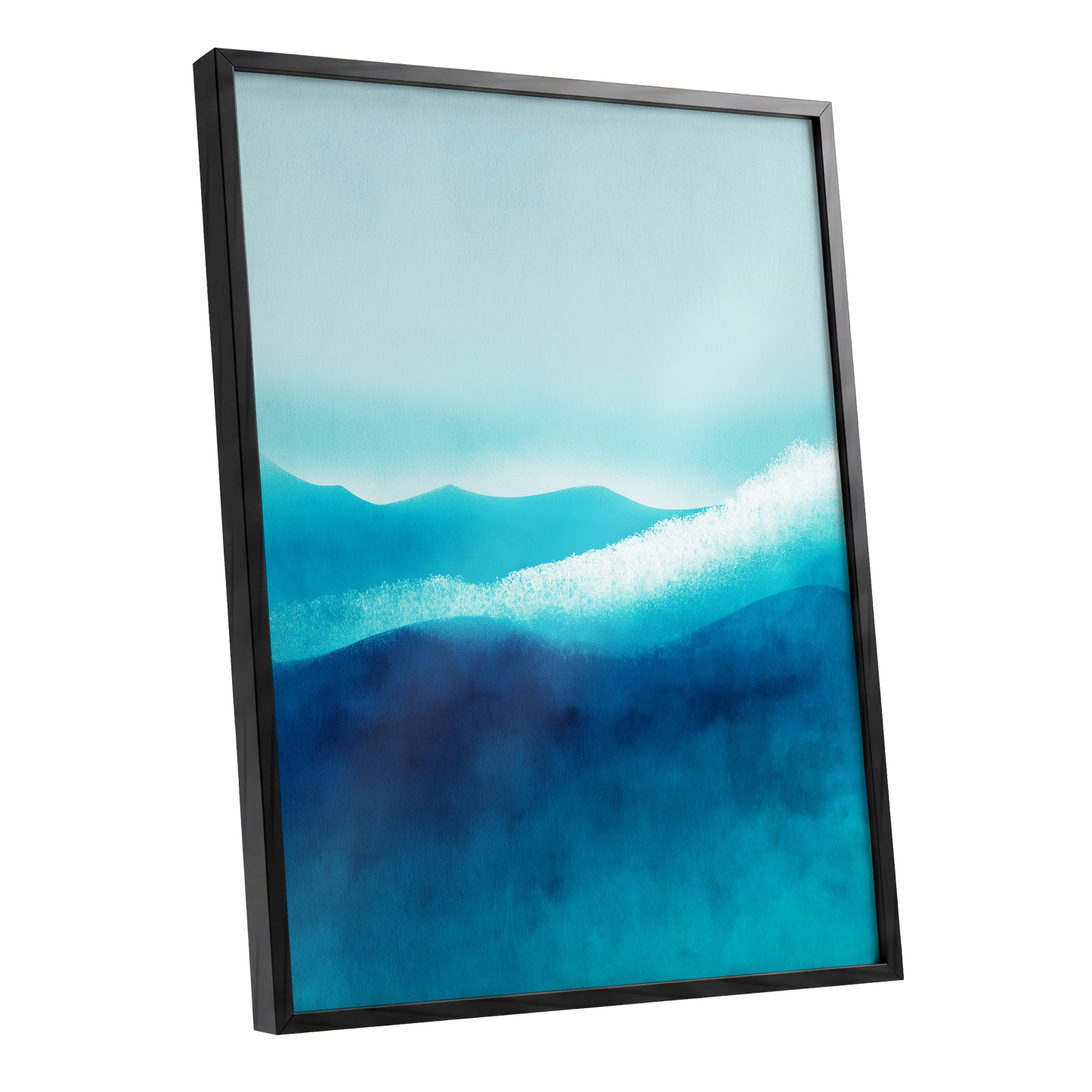 Tidal Quiet, blue, green, white nature wall art shown as a black framed poster wall art print