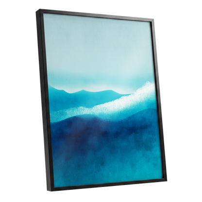 Tidal Quiet, blue, green, white nature wall art shown as a black framed poster wall art print