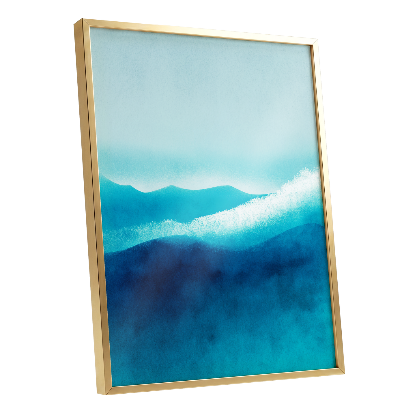 Tidal Quiet, blue, green, white nature wall art shown as a gold framed poster wall art print