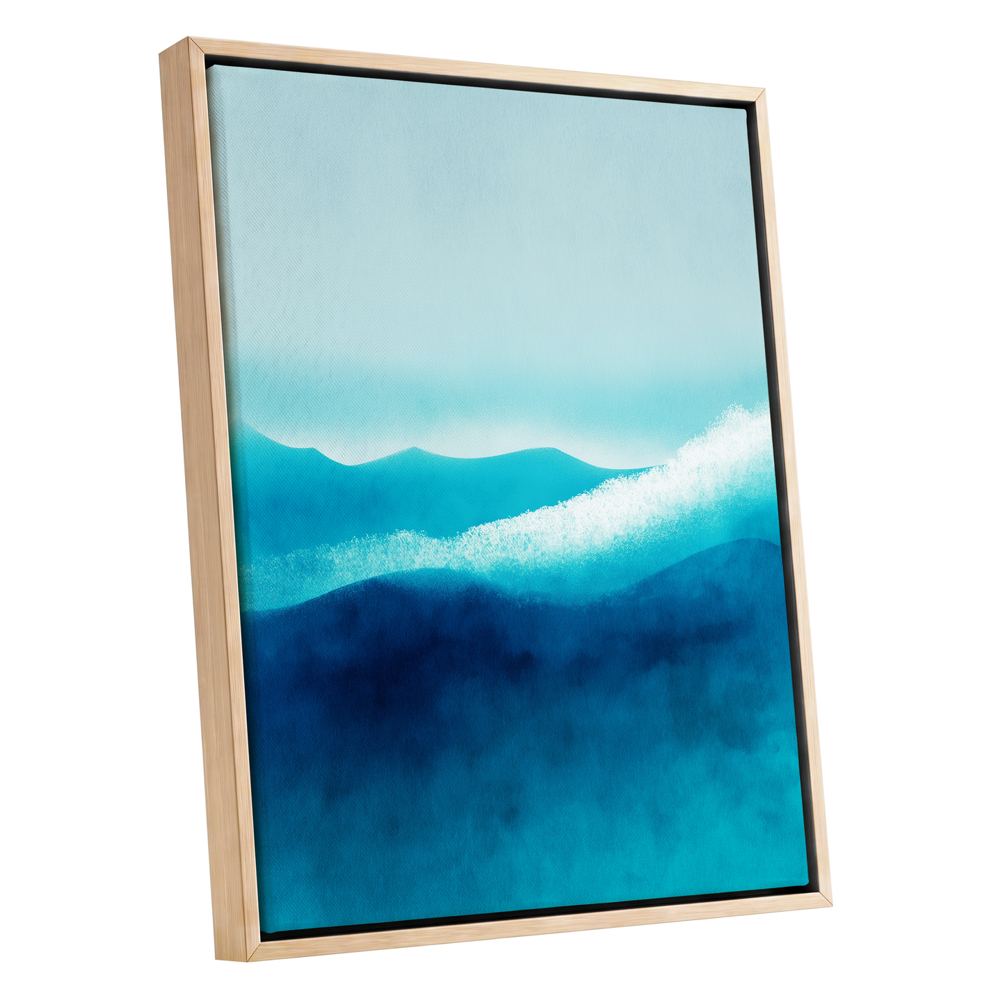 Tidal Quiet, blue, green, white nature wall art shown as a oak framed canvas wall art