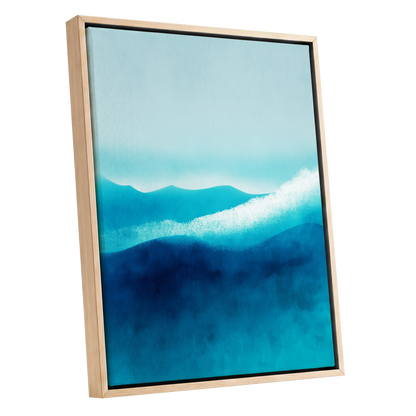 Tidal Quiet, blue, green, white nature wall art shown as a oak framed canvas wall art