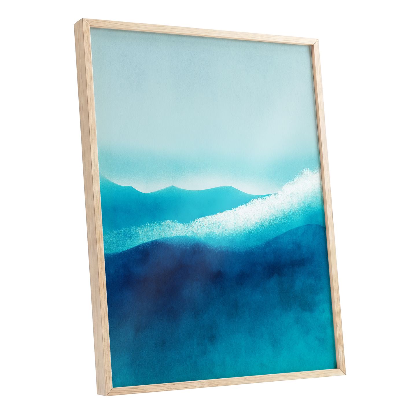 Tidal Quiet, blue, green, white nature wall art shown as a oak framed poster wall art print