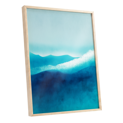 Tidal Quiet, blue, green, white nature wall art shown as a oak framed poster wall art print