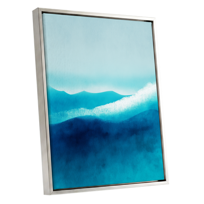 Tidal Quiet, blue, green, white nature wall art shown as a silver framed canvas wall art