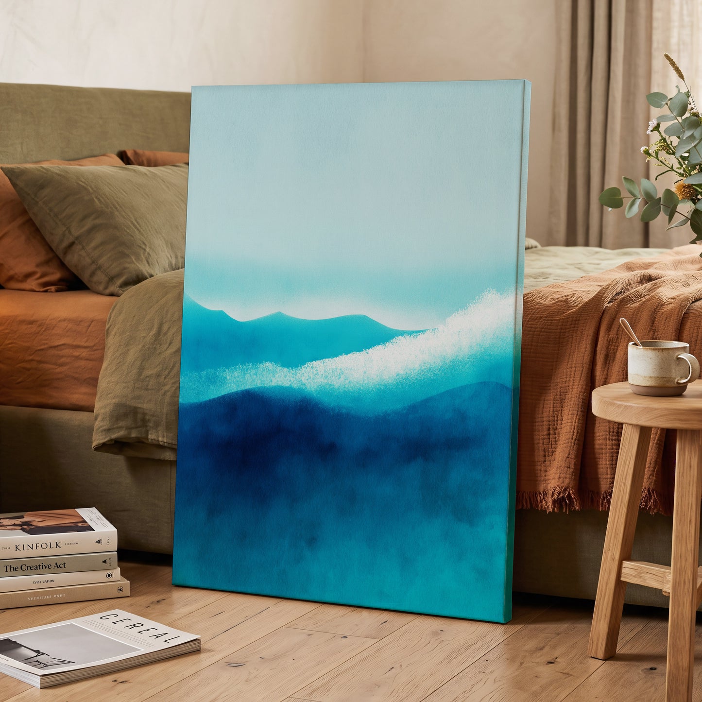 Tidal Quiet, blue, green, white nature wall art displayed in a styled interior, gallery view 3