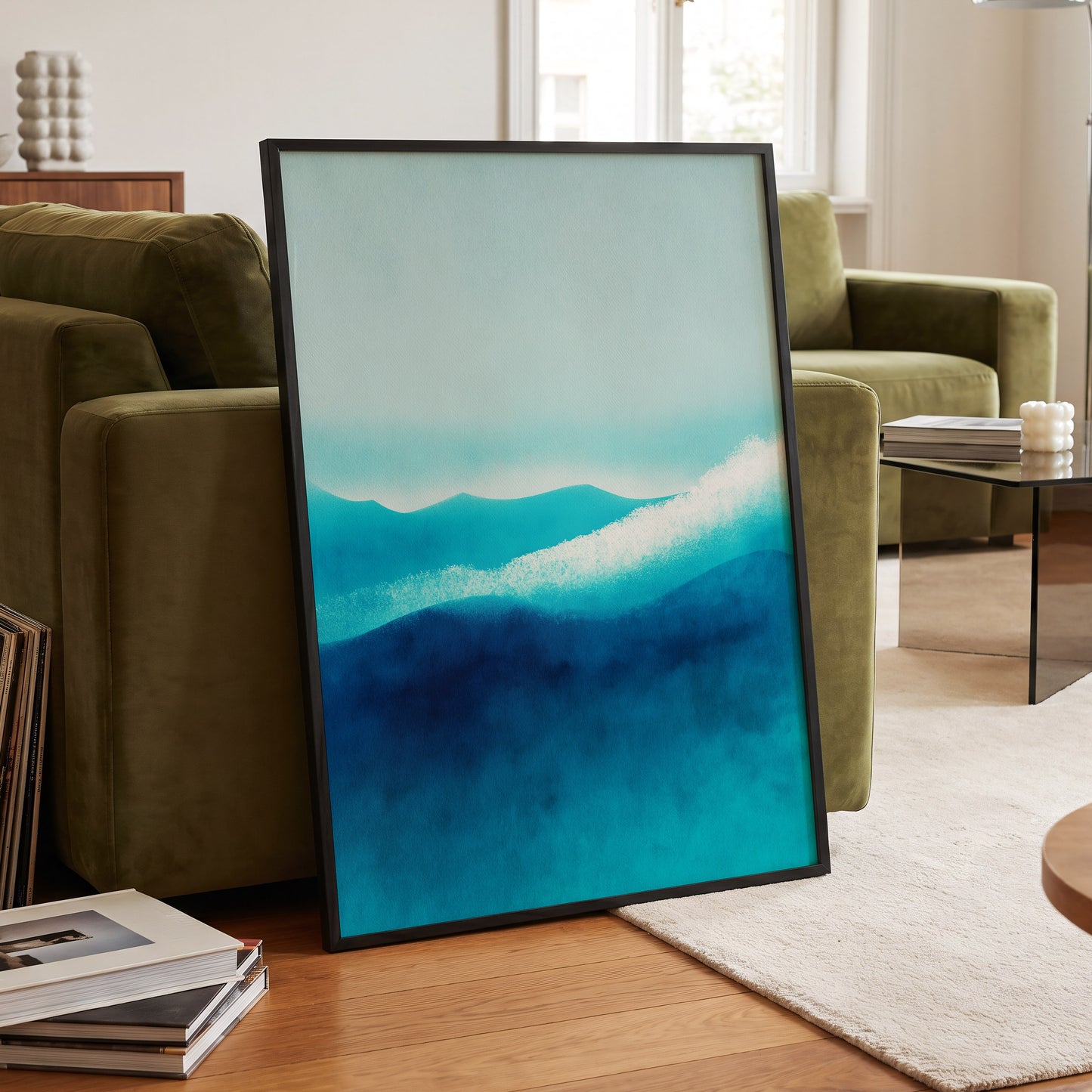 Tidal Quiet, blue, green, white nature wall art displayed in a styled interior, gallery view 9