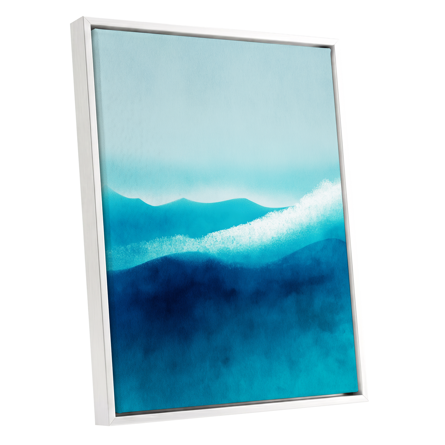 Tidal Quiet, blue, green, white nature wall art shown as a white framed canvas wall art