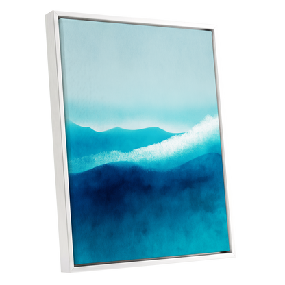 Tidal Quiet, blue, green, white nature wall art shown as a white framed canvas wall art