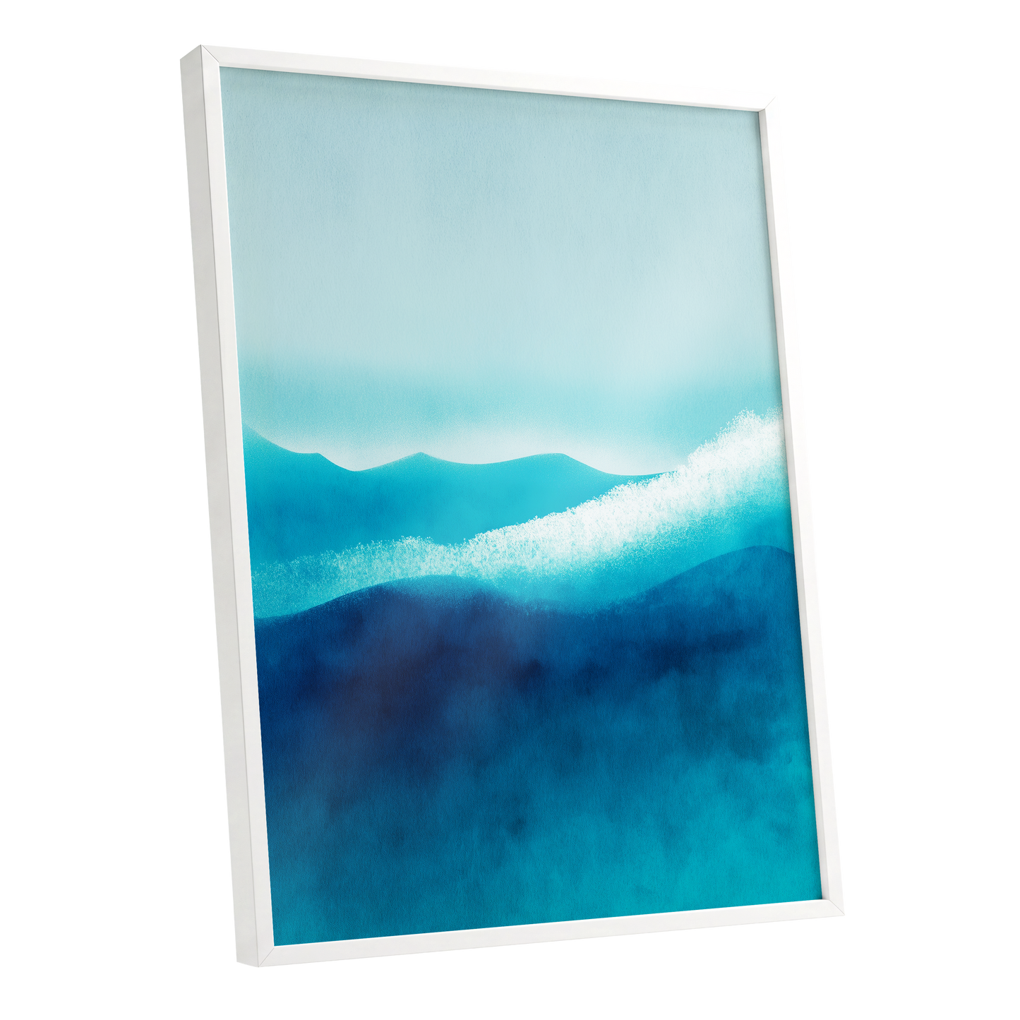 Tidal Quiet, blue, green, white nature wall art shown as a white framed poster wall art print