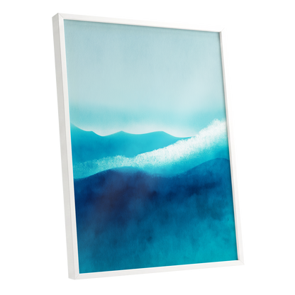 Tidal Quiet, blue, green, white nature wall art shown as a white framed poster wall art print
