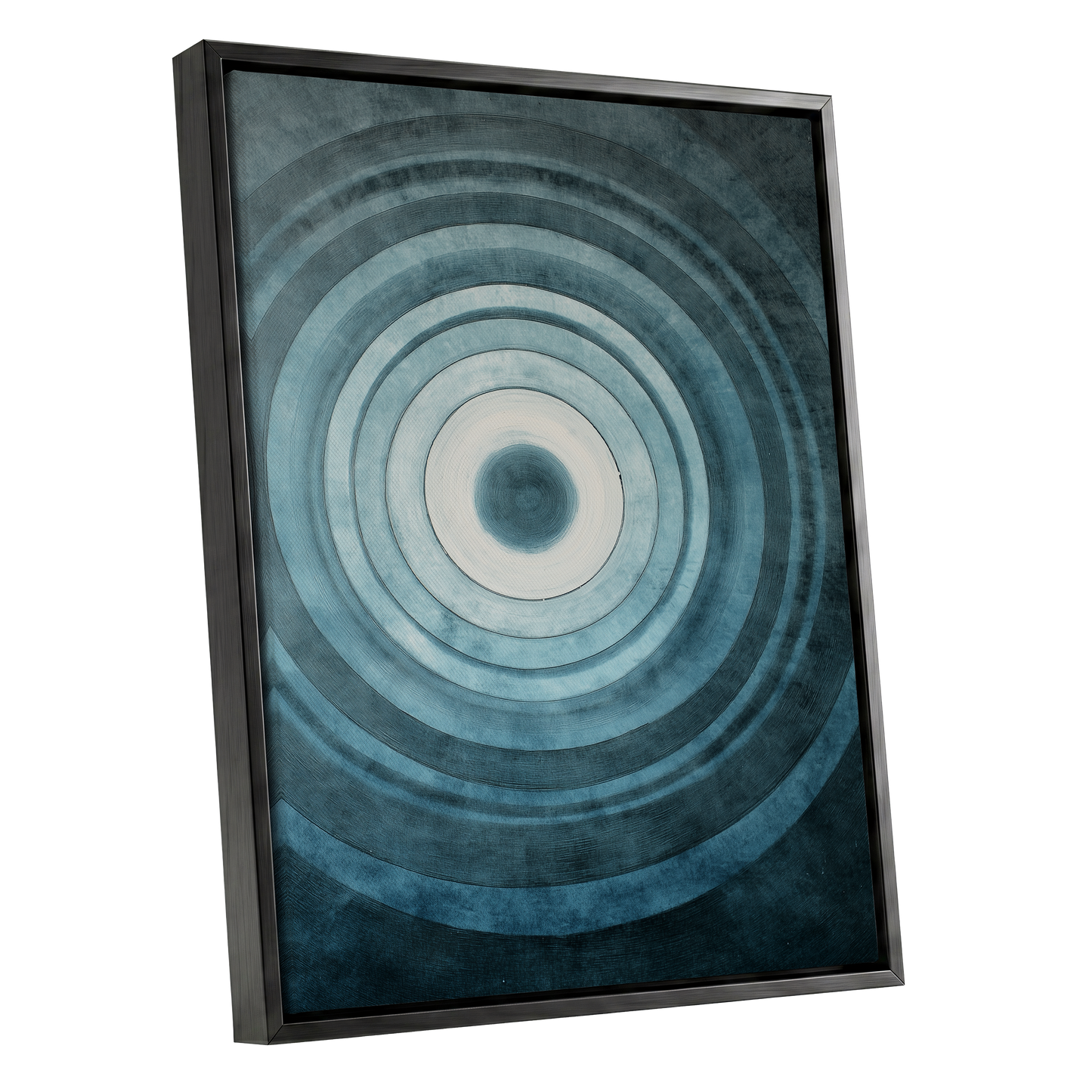 Tidal Resonance, blue, black, white minimalist wall art shown as a black framed canvas wall art