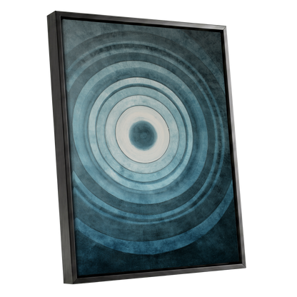 Tidal Resonance, blue, black, white minimalist wall art shown as a black framed canvas wall art