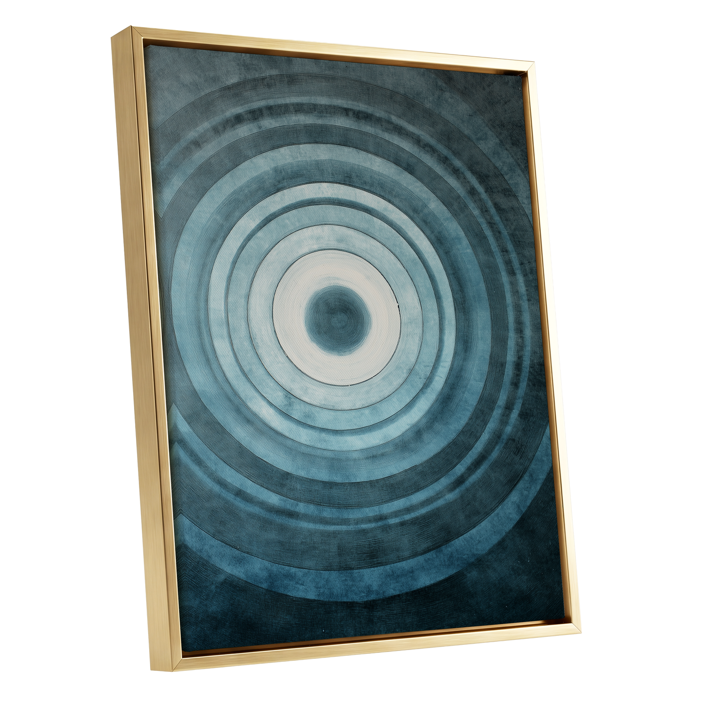 Tidal Resonance, blue, black, white minimalist wall art shown as a gold framed canvas wall art