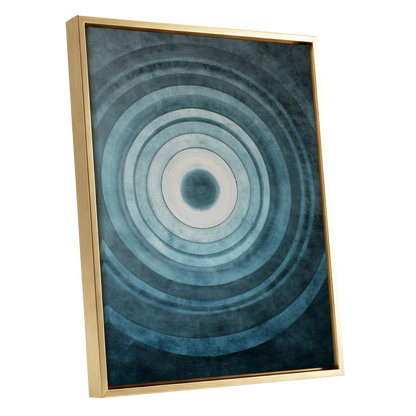 Tidal Resonance, blue, black, white minimalist wall art shown as a gold framed canvas wall art