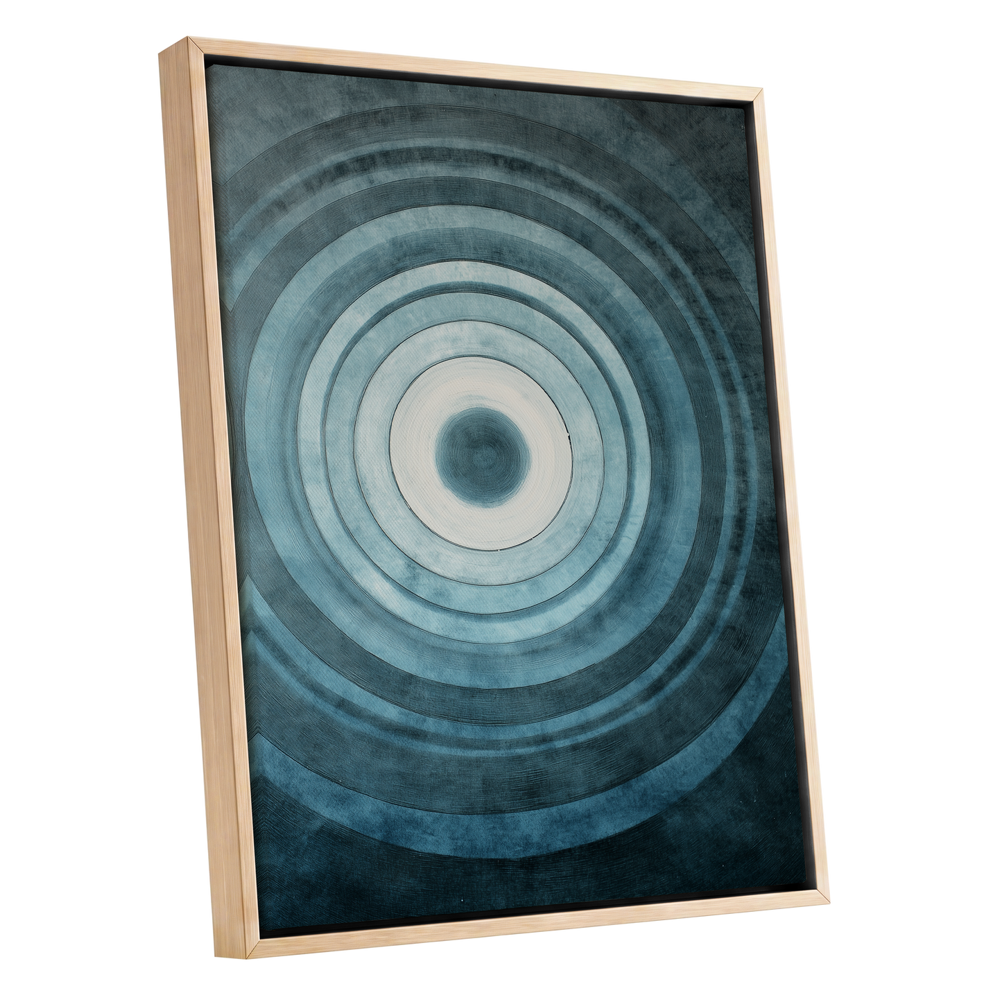 Tidal Resonance, blue, black, white minimalist wall art shown as a oak framed canvas wall art