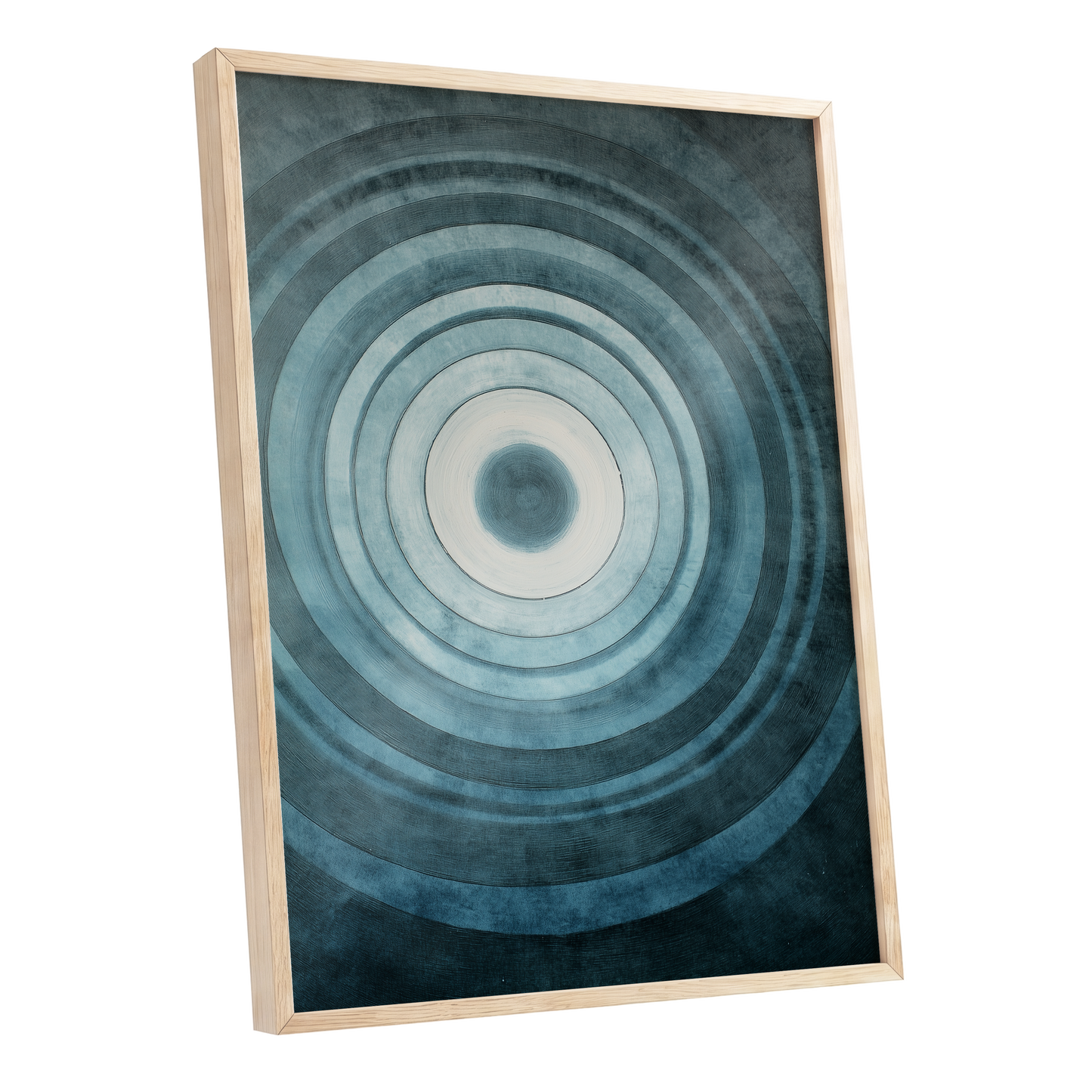 Tidal Resonance, blue, black, white minimalist wall art shown as a oak framed poster wall art print