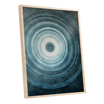 Tidal Resonance, blue, black, white minimalist wall art shown as a oak framed poster wall art print