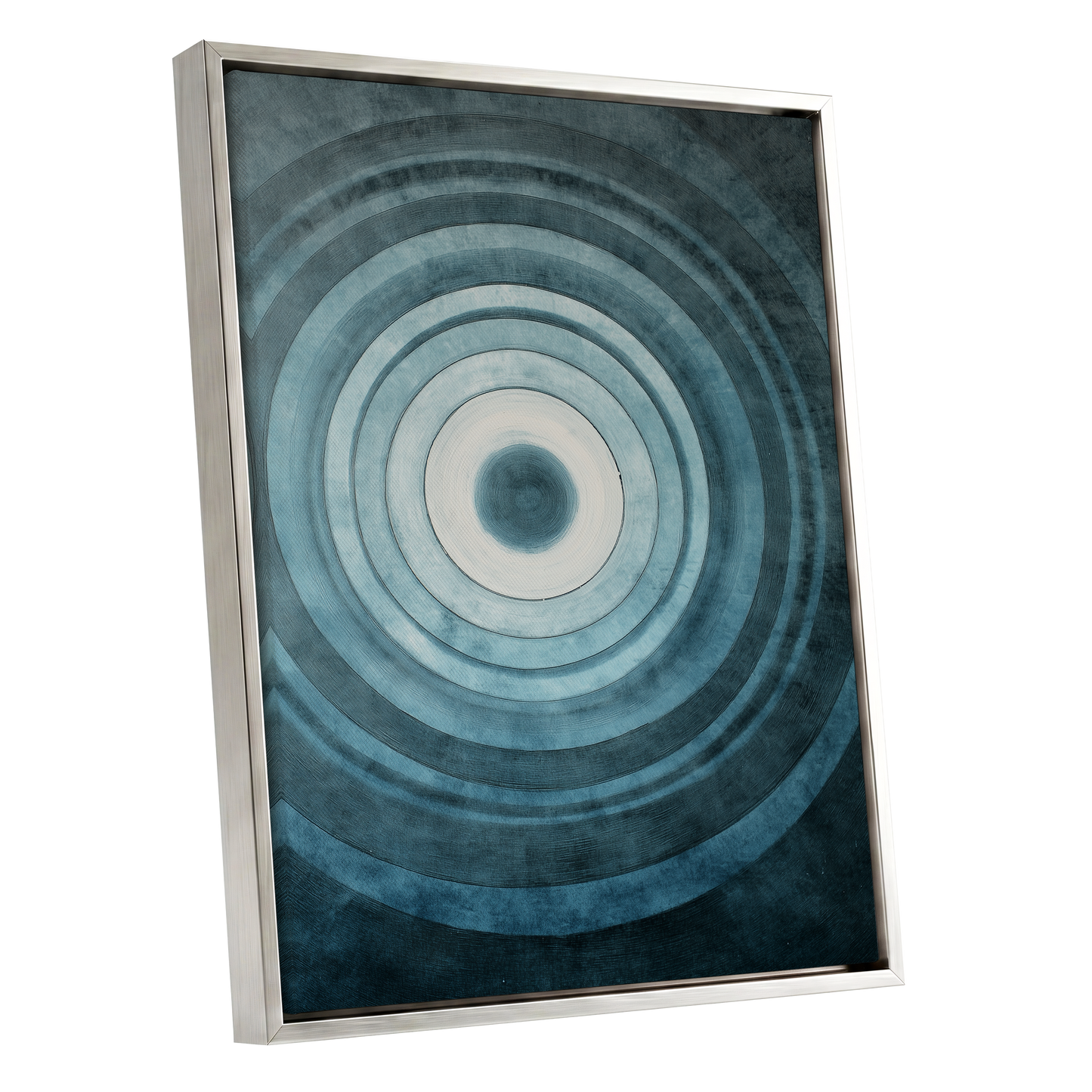 Tidal Resonance, blue, black, white minimalist wall art shown as a silver framed canvas wall art