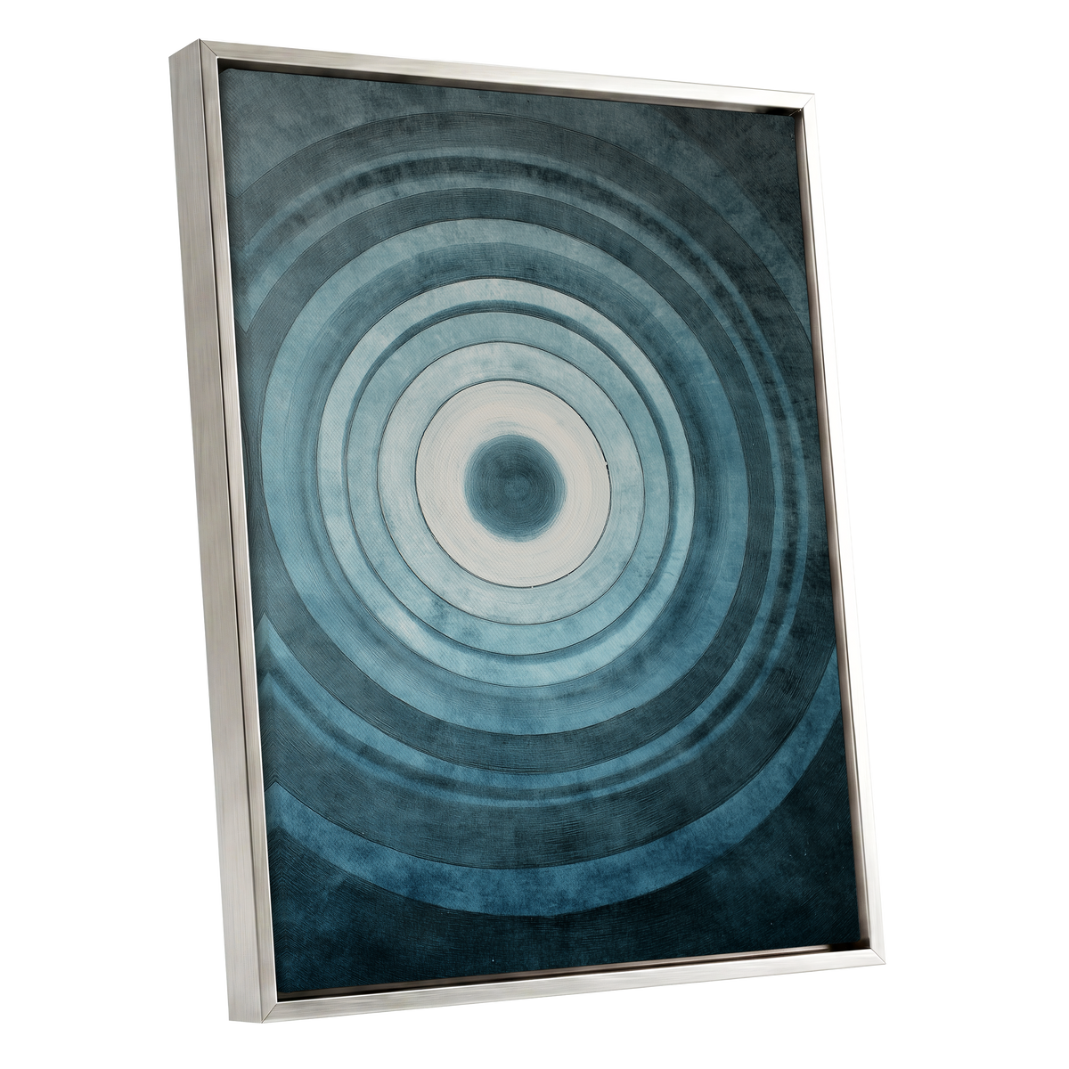 Tidal Resonance, blue, black, white minimalist wall art shown as a silver framed canvas wall art