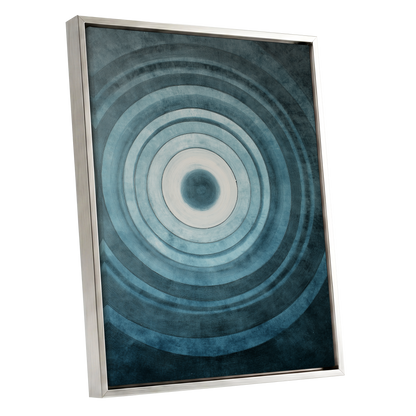 Tidal Resonance, blue, black, white minimalist wall art shown as a silver framed canvas wall art