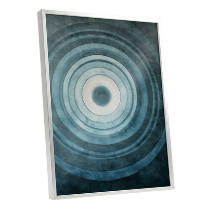 Tidal Resonance, blue, black, white minimalist wall art shown as a silver framed poster wall art print