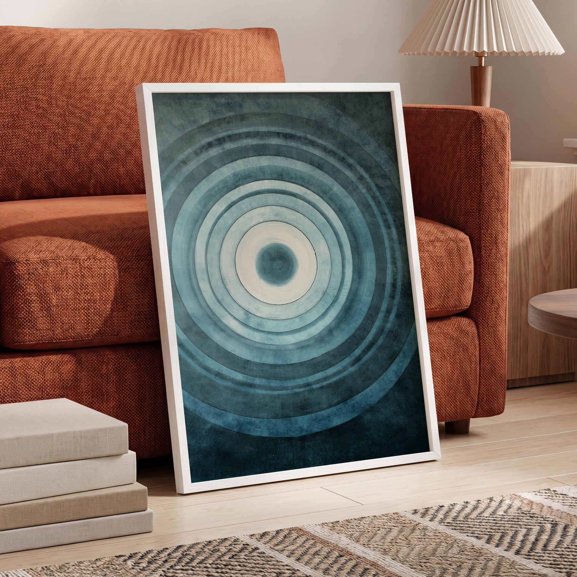 Tidal Resonance, blue, black, white minimalist wall art displayed in a styled interior, gallery view 2