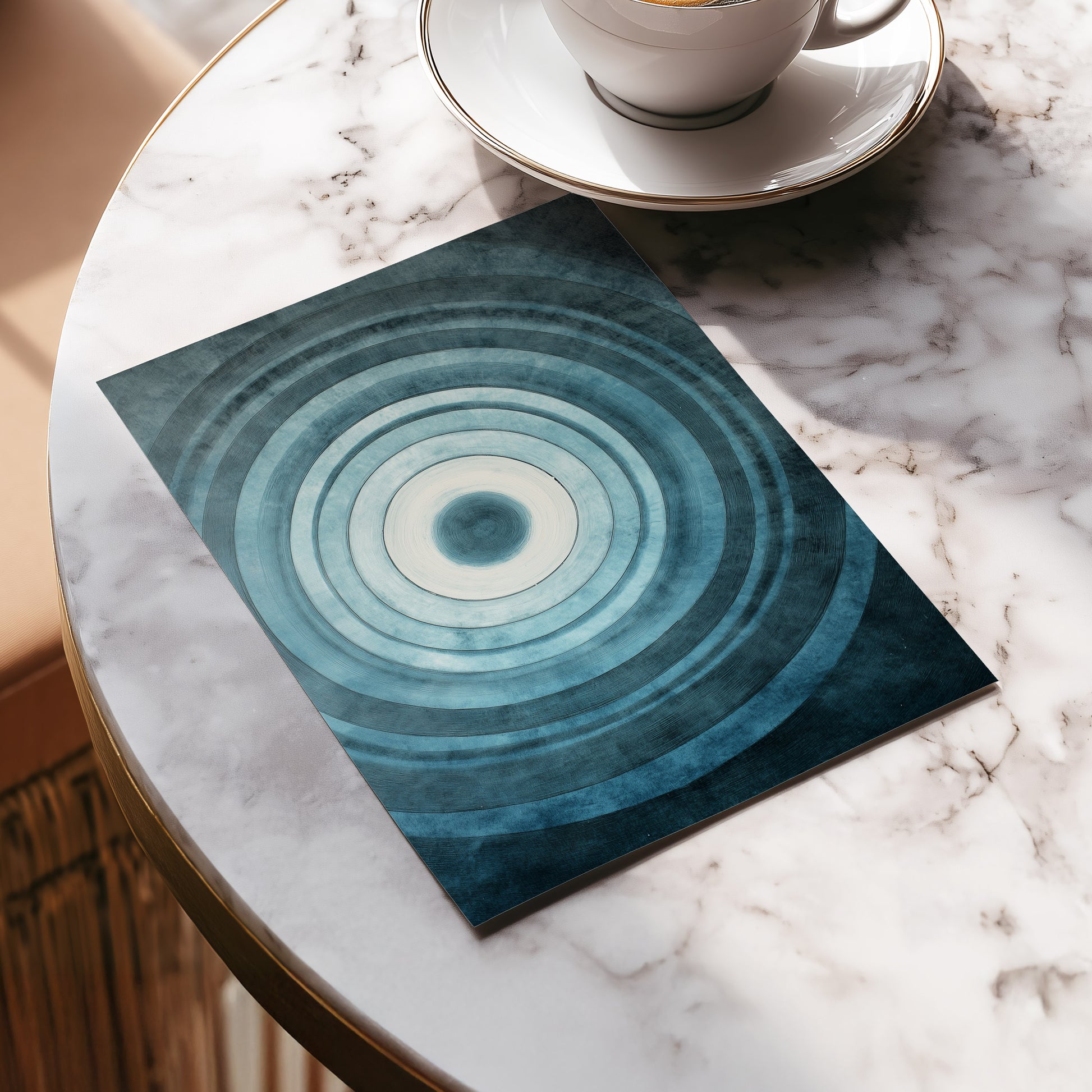 Tidal Resonance, blue, black, white minimalist wall art displayed in a styled interior, gallery view 5