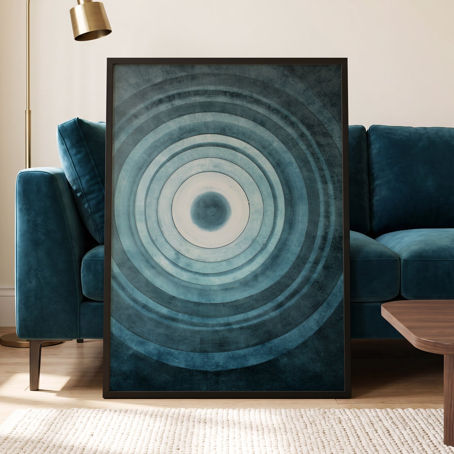 Tidal Resonance, blue, black, white minimalist wall art displayed in a styled interior, gallery view 6