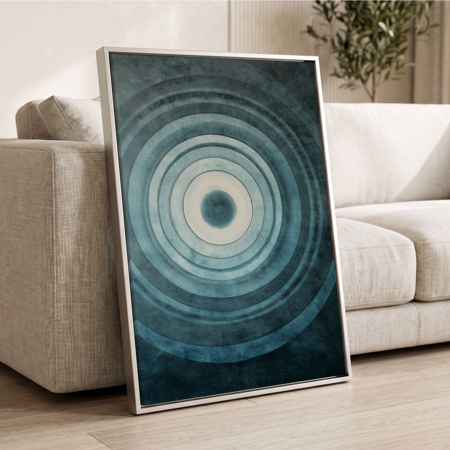 Tidal Resonance, blue, black, white minimalist wall art displayed in a styled interior, gallery view 8