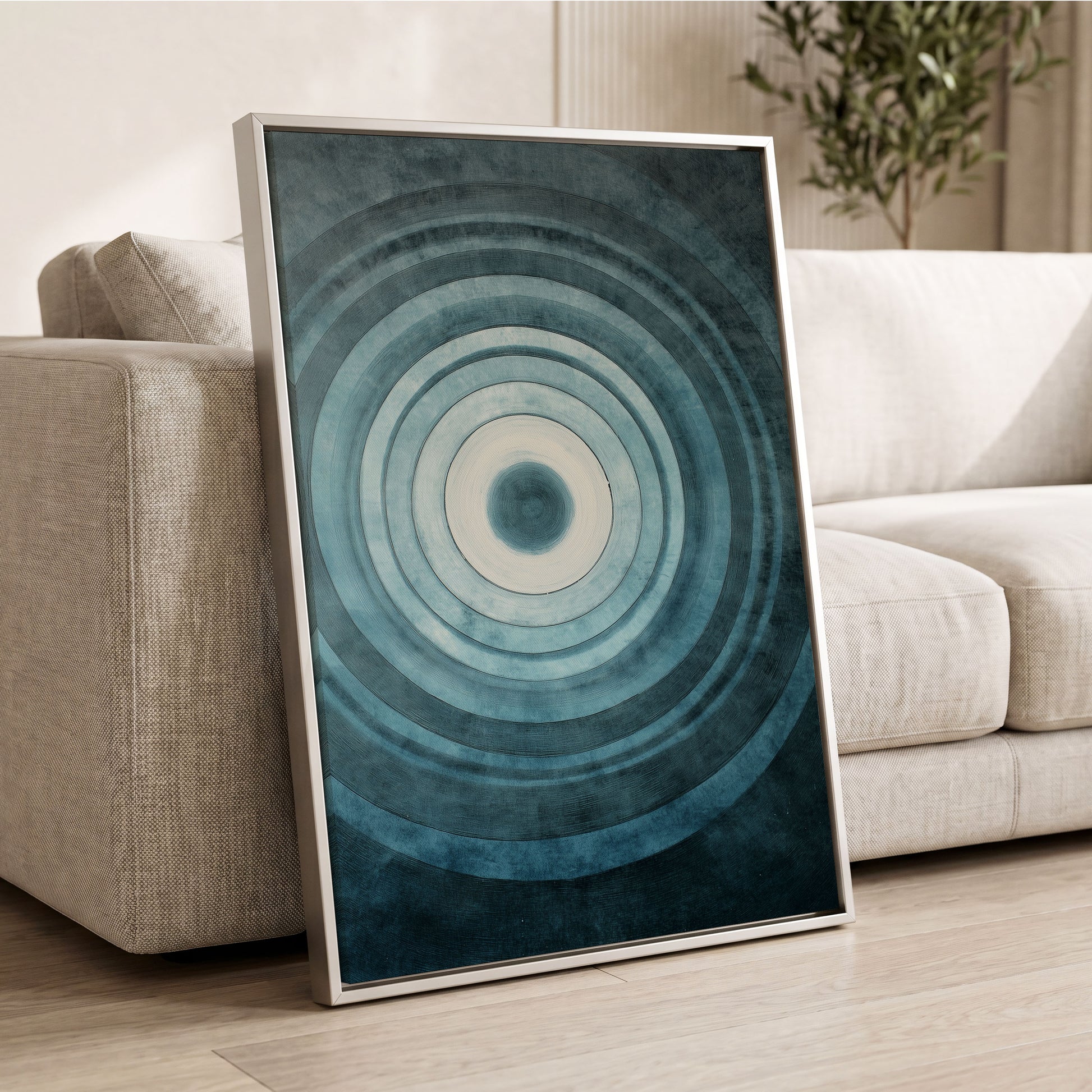 Tidal Resonance, blue, black, white minimalist wall art displayed in a styled interior, gallery view 8