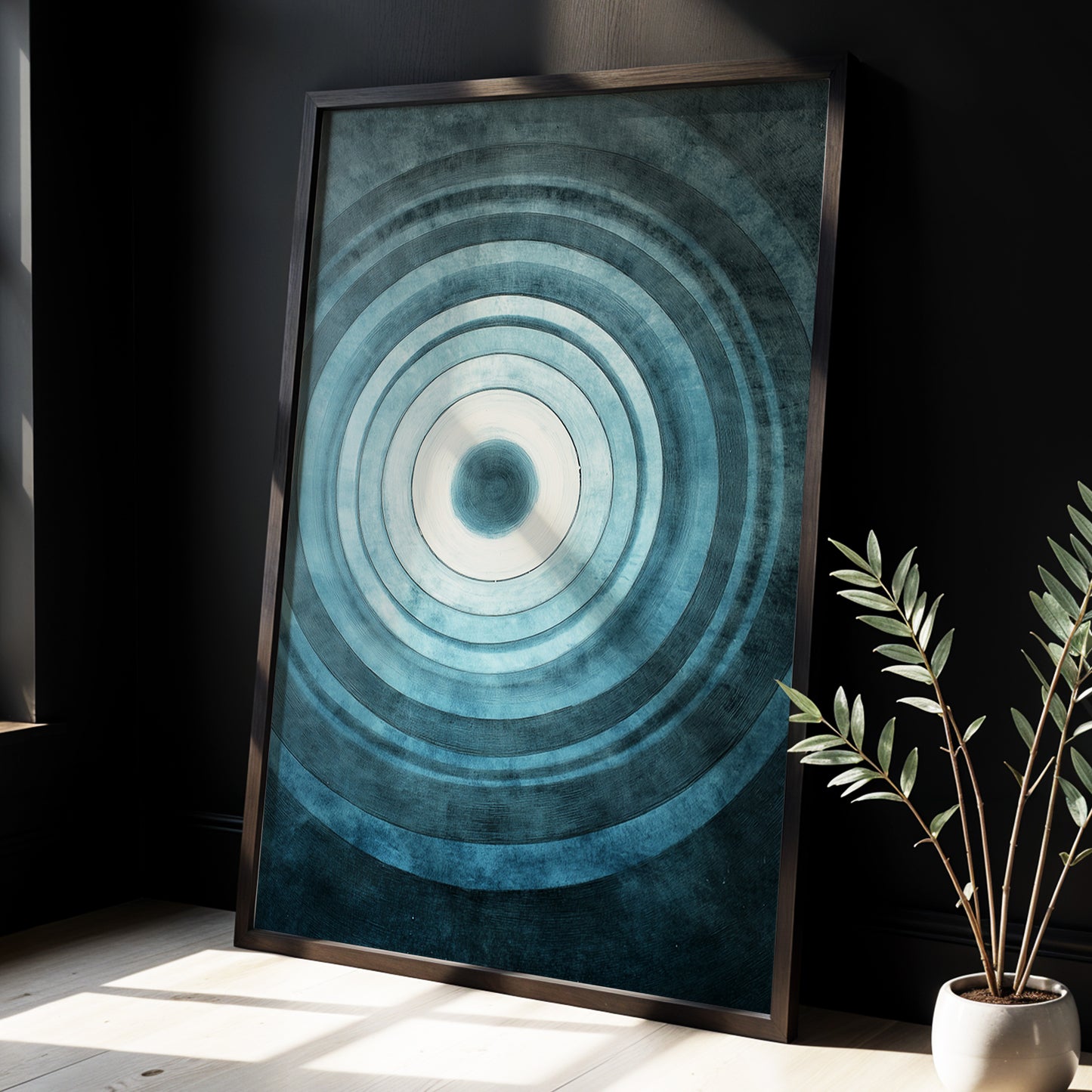 Tidal Resonance, blue, black, white minimalist wall art displayed in a styled interior, gallery view 9