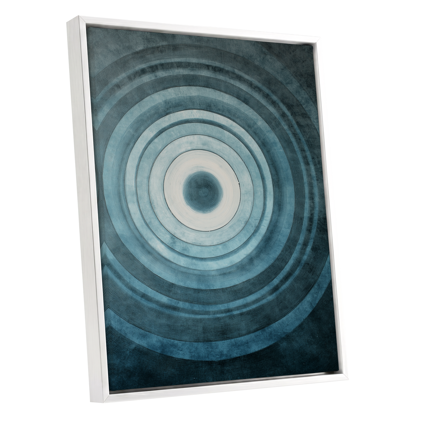 Tidal Resonance, blue, black, white minimalist wall art shown as a white framed canvas wall art