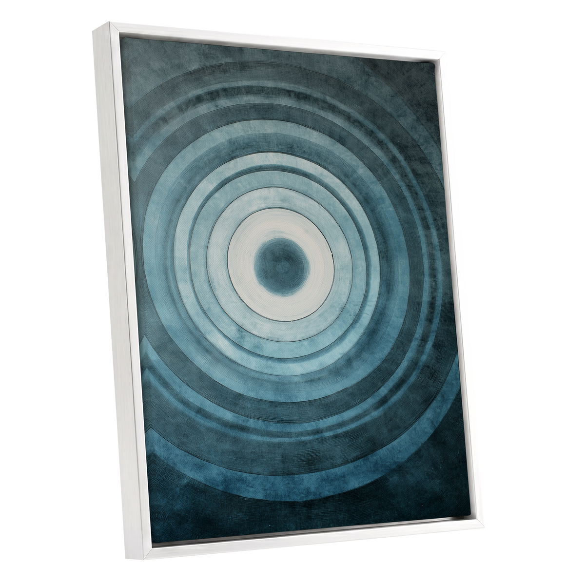 Tidal Resonance, blue, black, white minimalist wall art shown as a white framed canvas wall art