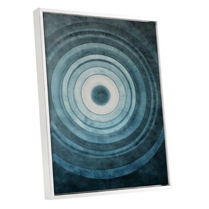 Tidal Resonance, blue, black, white minimalist wall art shown as a white framed canvas wall art