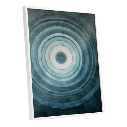 Tidal Resonance, blue, black, white minimalist wall art shown as a white framed poster wall art print