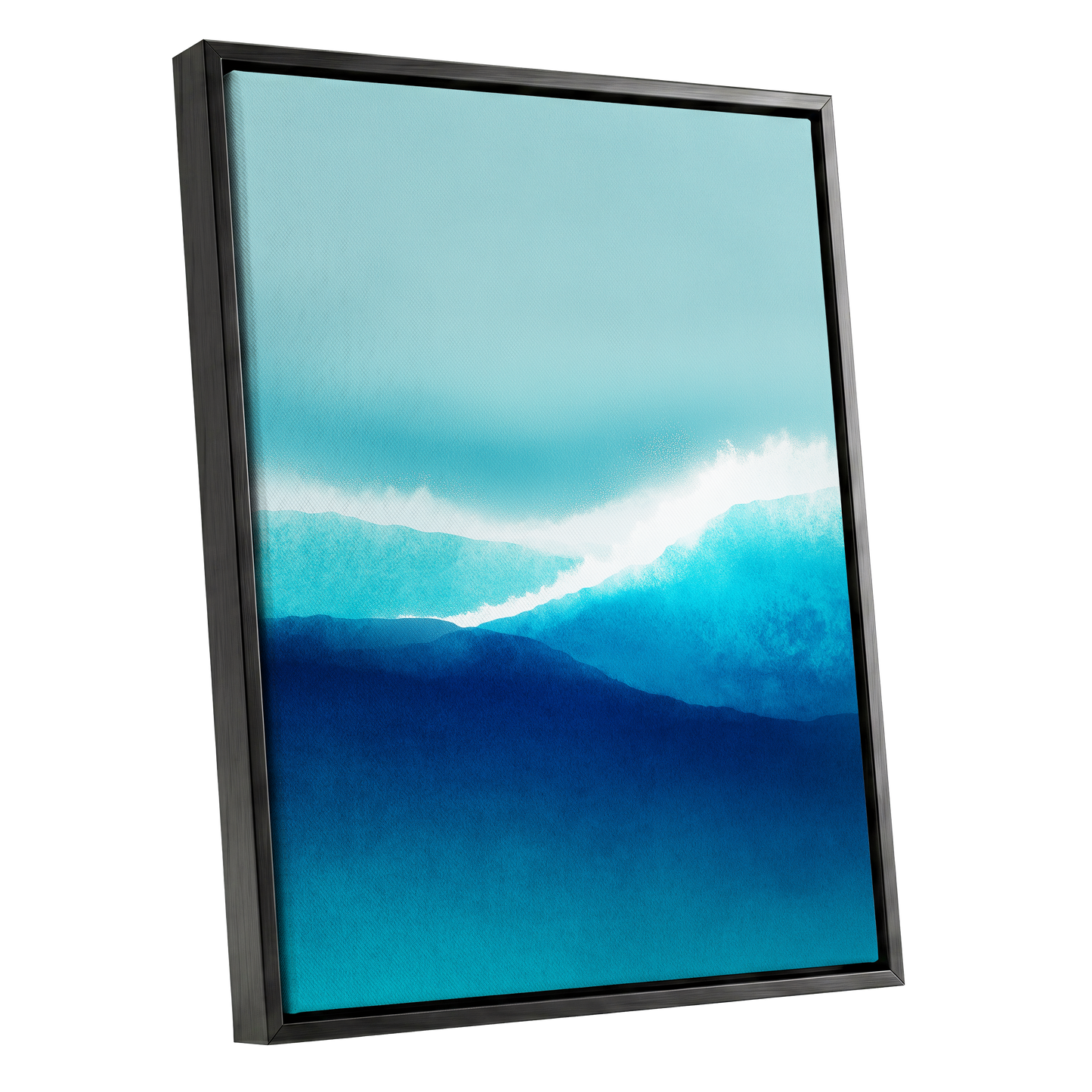 Tidal Reverie, blue, white, green nature wall art shown as a black framed canvas wall art