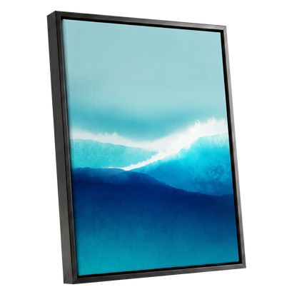 Tidal Reverie, blue, white, green nature wall art shown as a black framed canvas wall art