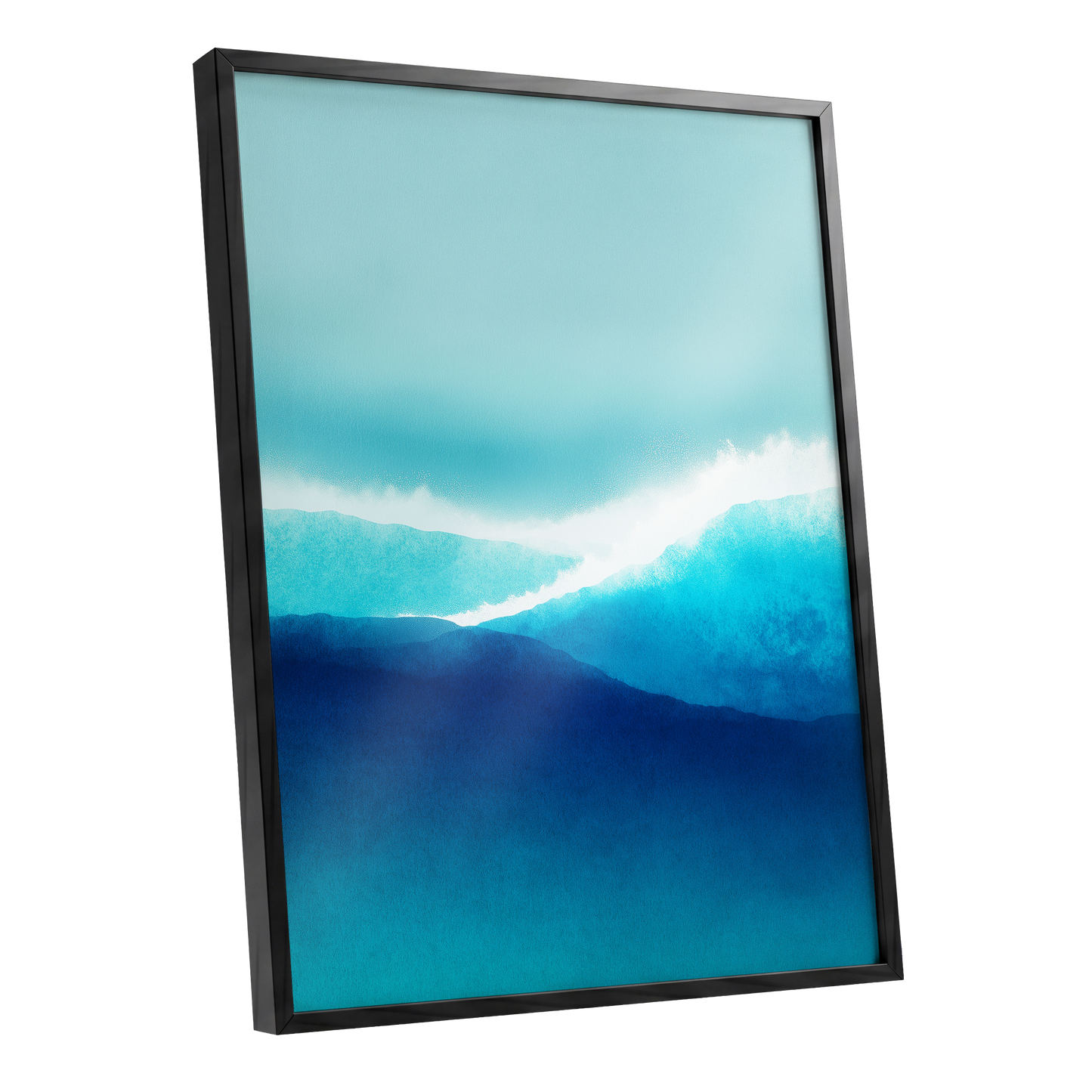Tidal Reverie, blue, white, green nature wall art shown as a black framed poster wall art print
