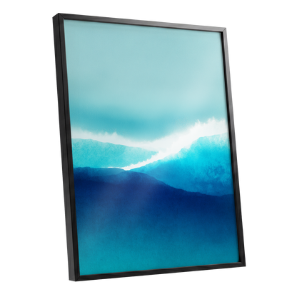 Tidal Reverie, blue, white, green nature wall art shown as a black framed poster wall art print