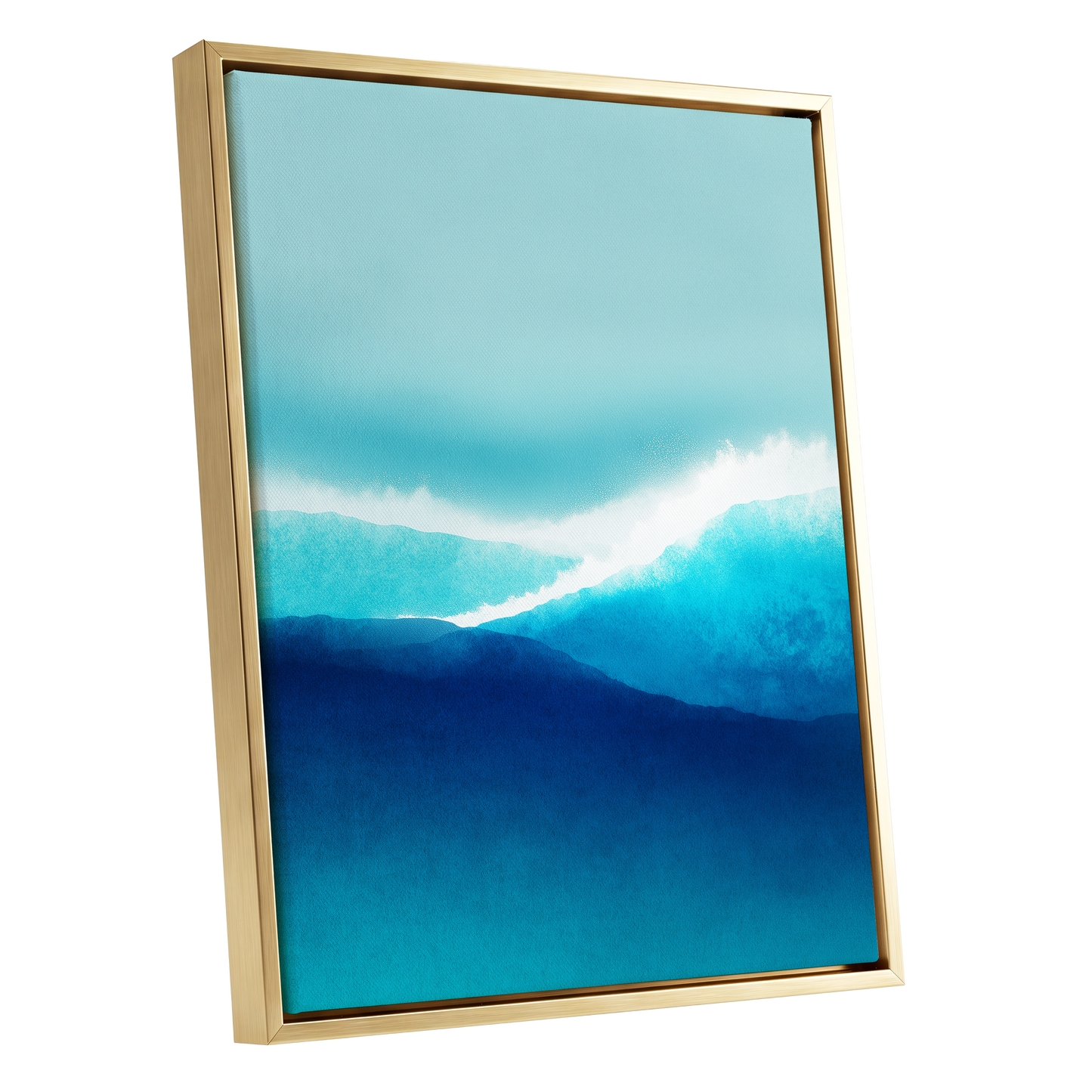 Tidal Reverie, blue, white, green nature wall art shown as a gold framed canvas wall art
