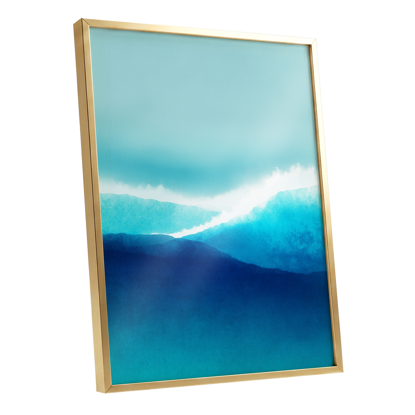 Tidal Reverie, blue, white, green nature wall art shown as a gold framed poster wall art print