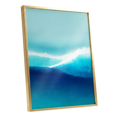 Tidal Reverie, blue, white, green nature wall art shown as a gold framed poster wall art print