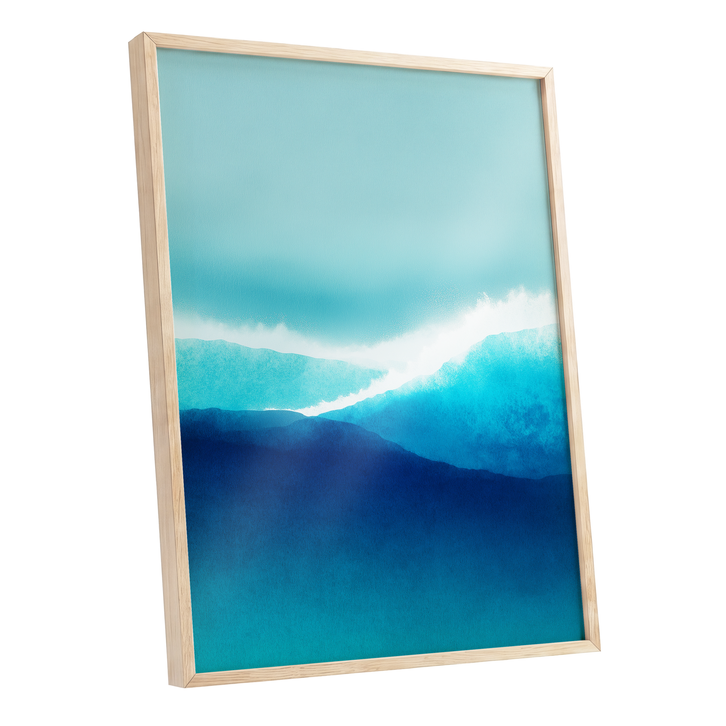 Tidal Reverie, blue, white, green nature wall art shown as a oak framed poster wall art print