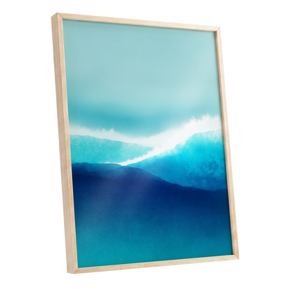 Tidal Reverie, blue, white, green nature wall art shown as a oak framed poster wall art print