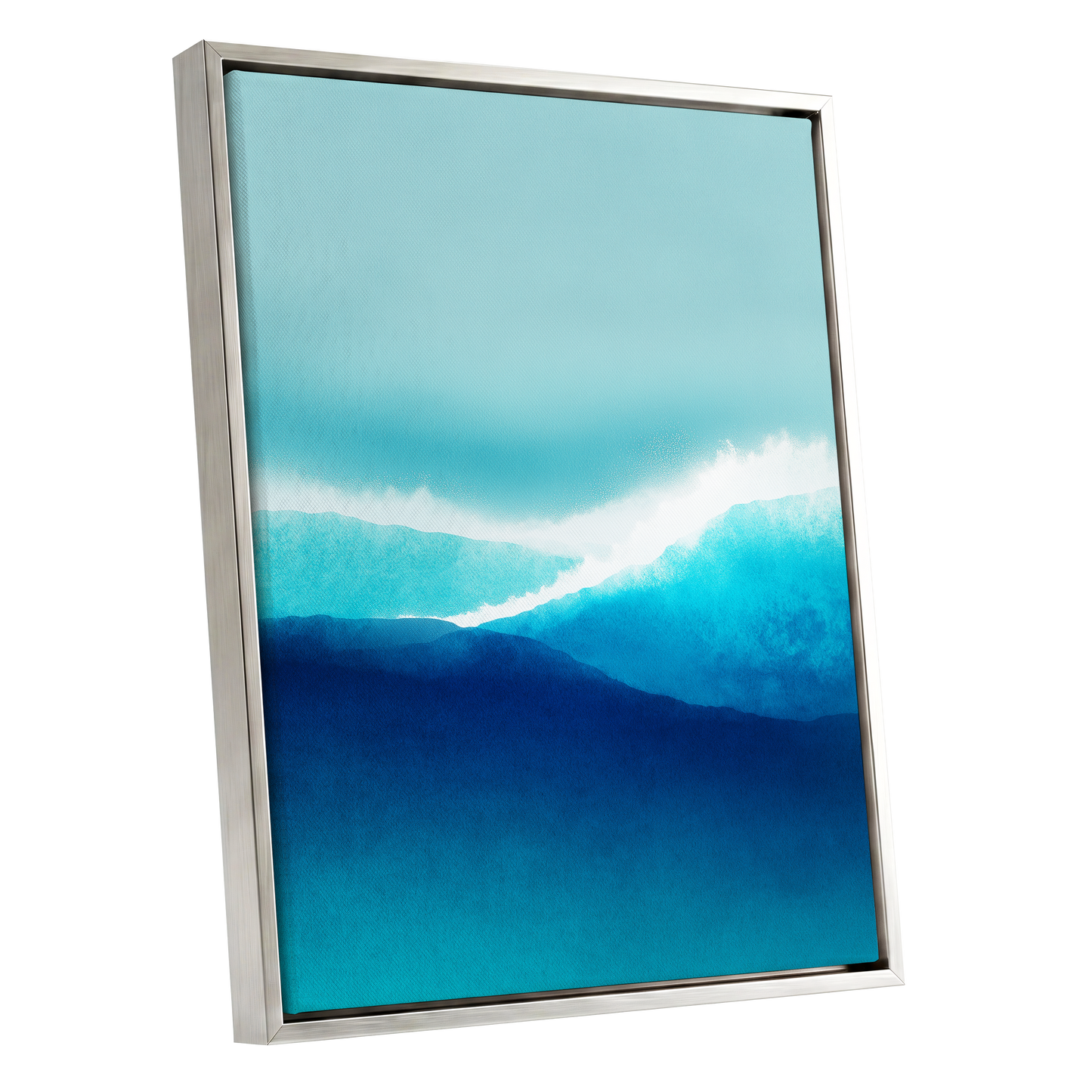 Tidal Reverie, blue, white, green nature wall art shown as a silver framed canvas wall art