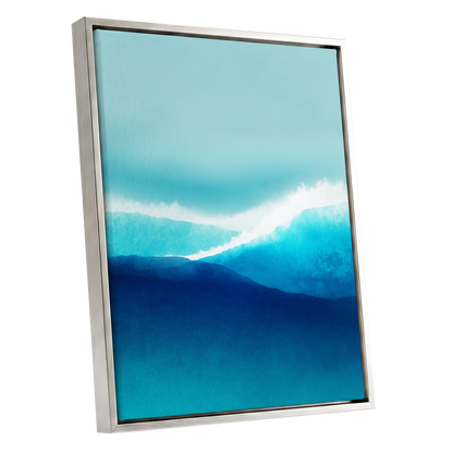 Tidal Reverie, blue, white, green nature wall art shown as a silver framed canvas wall art