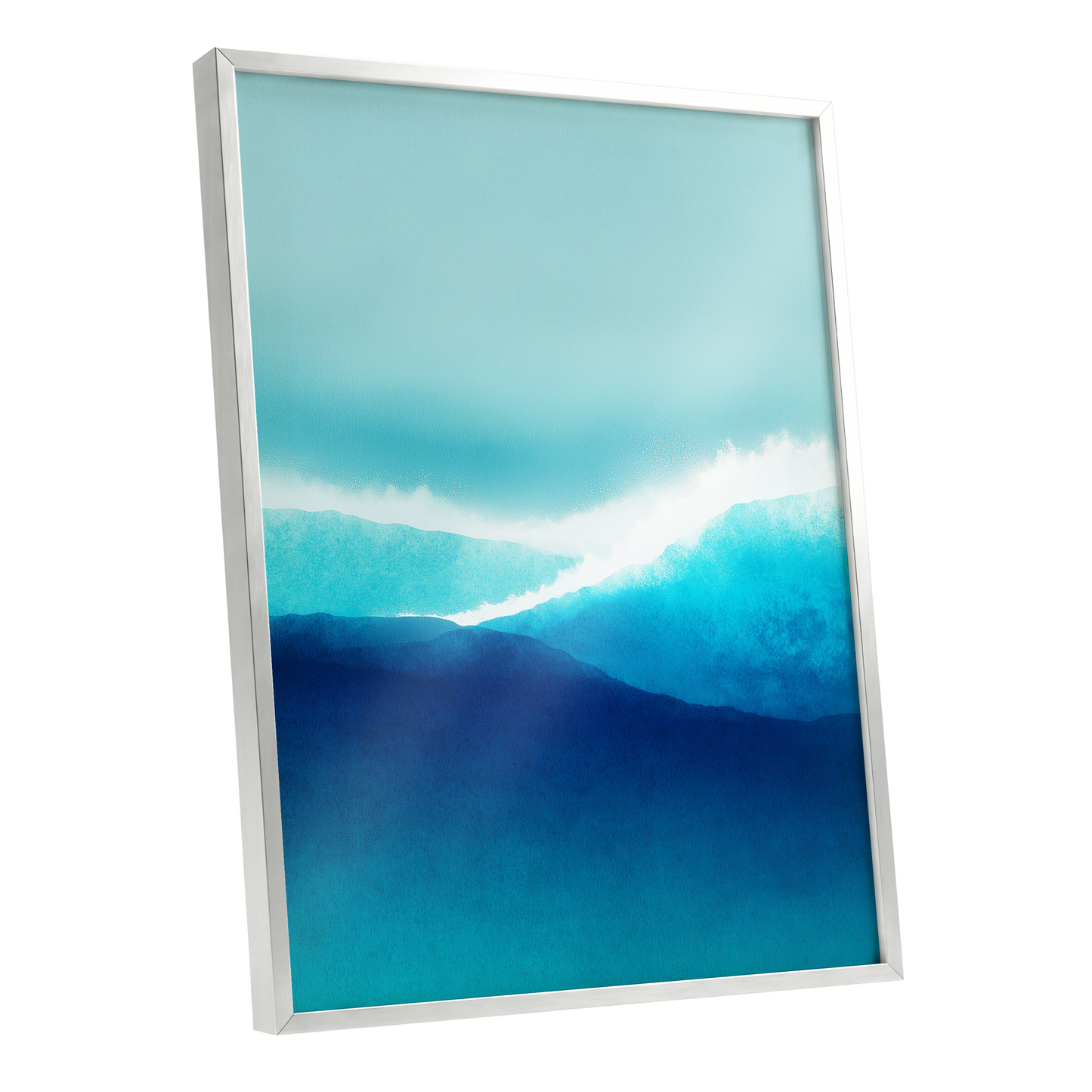 Tidal Reverie, blue, white, green nature wall art shown as a silver framed poster wall art print