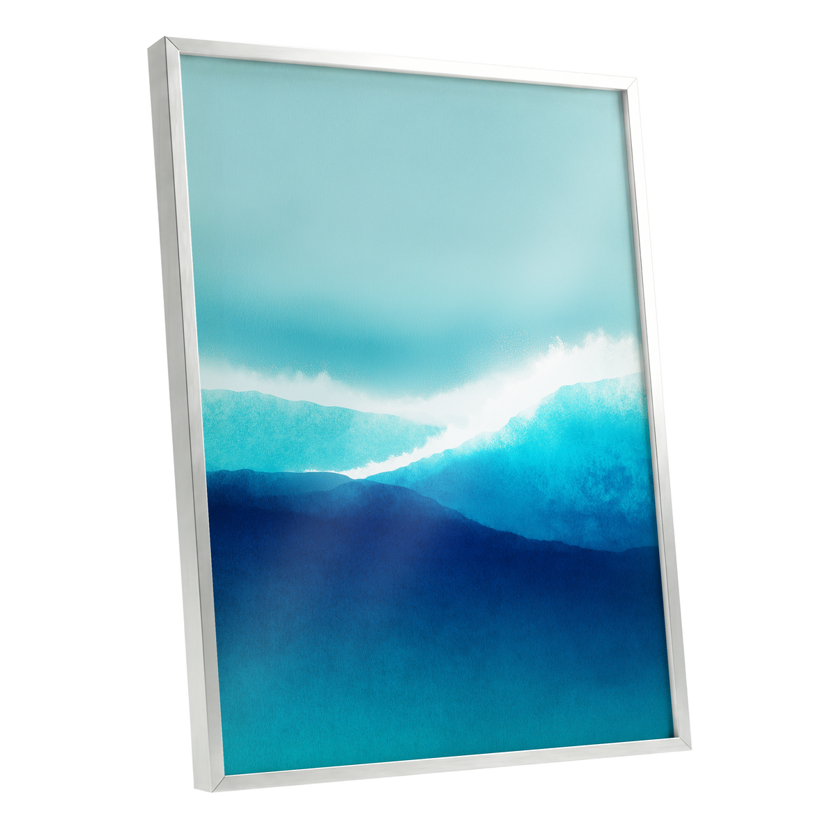 Tidal Reverie, blue, white, green nature wall art shown as a silver framed poster wall art print